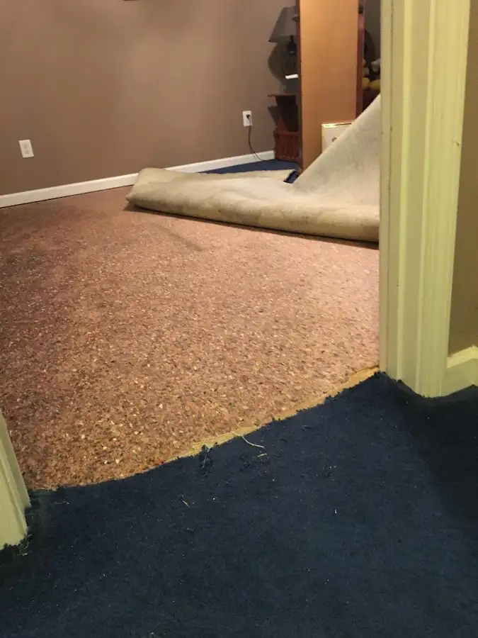 Carpet pad removal revealing water damage during Water Mitigation Services in Vancouver
